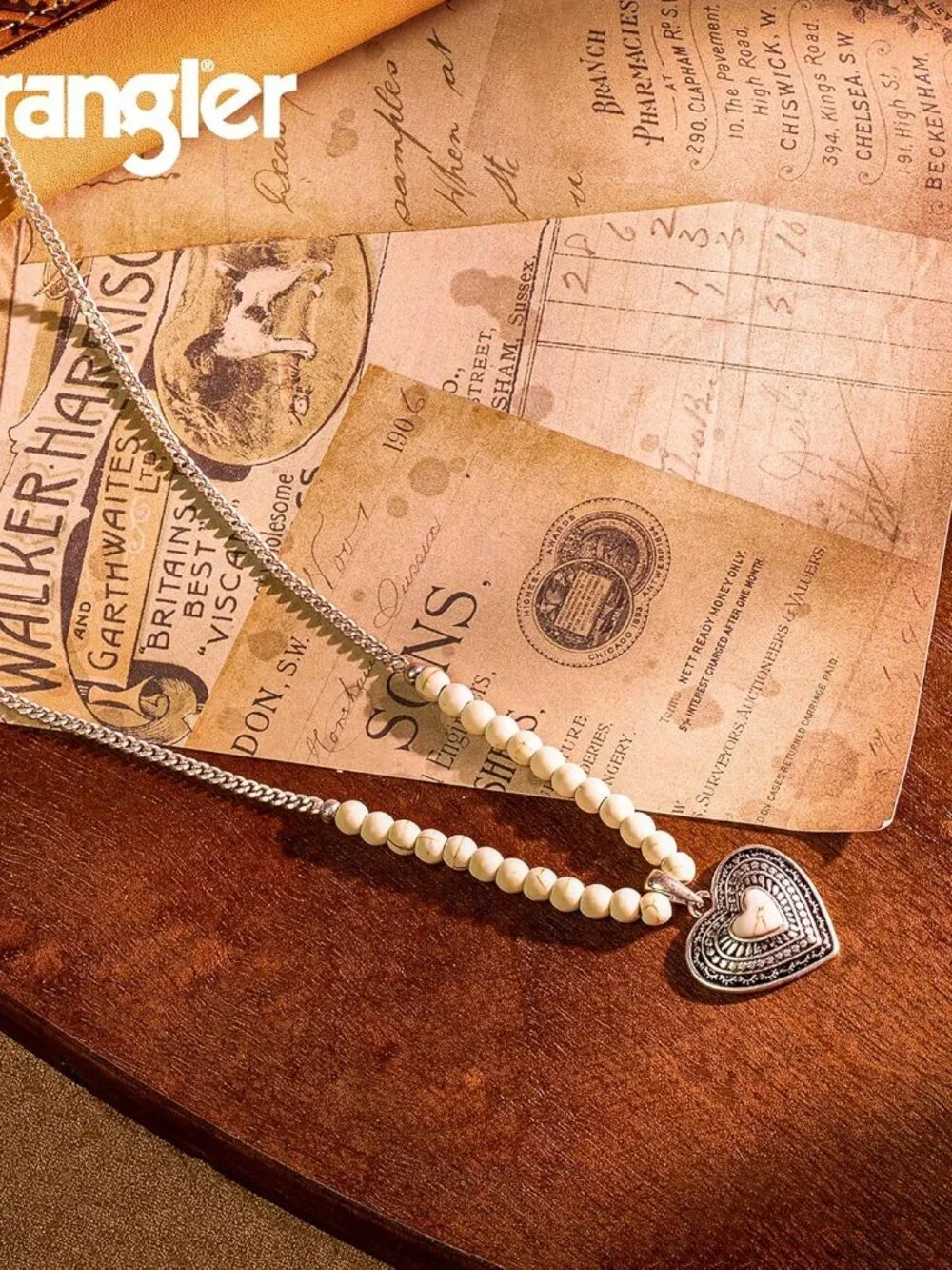 Women's White Western Gold Plated Wrangler Heart Turquoise Pendant Necklace